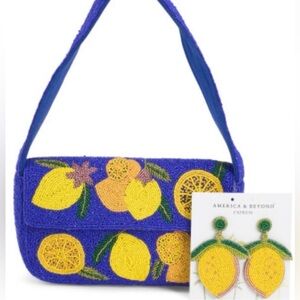 Blue Lemon Beaded Shoulder Bag + Matching Beaded Lemon Earrings Set | NWT
